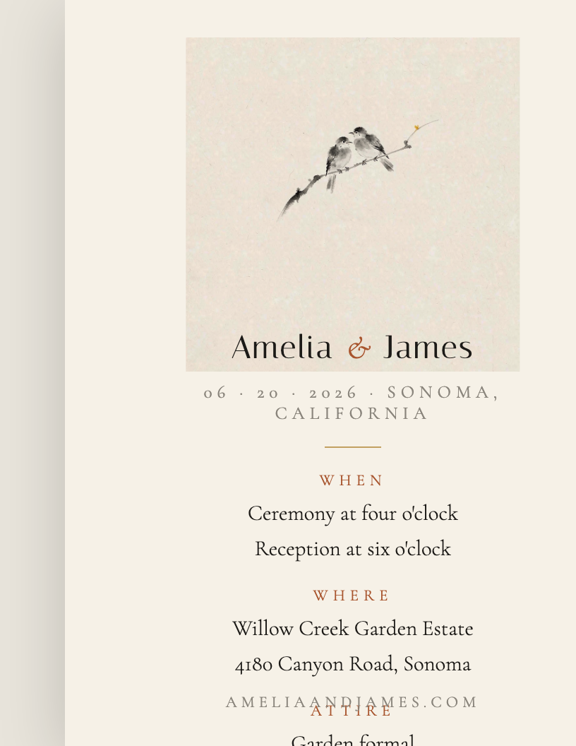 Details card — when, where, attire, website