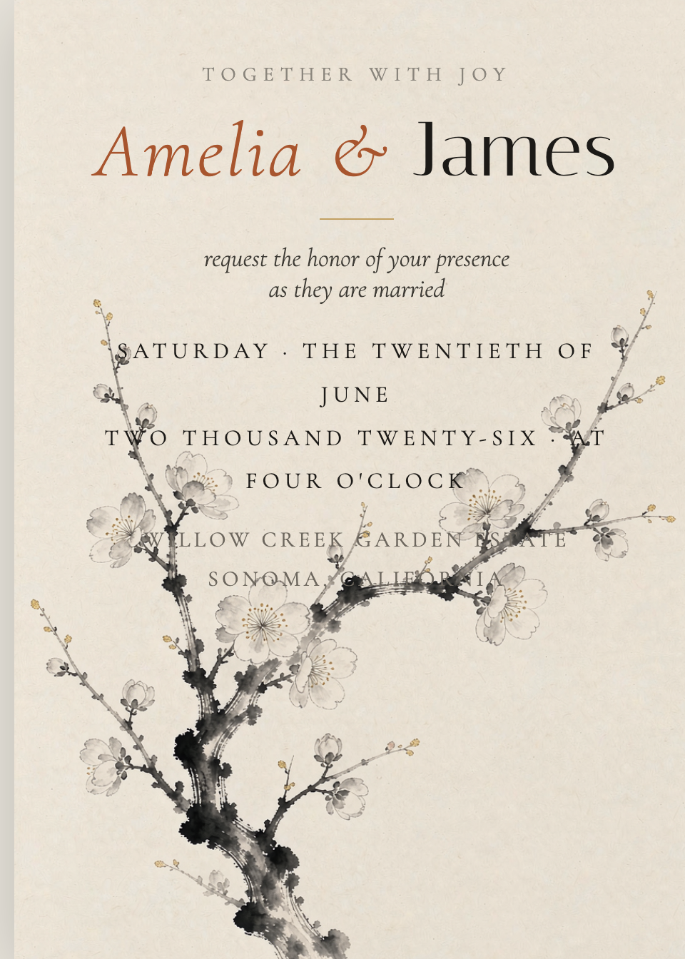 Invitation front — plum branch with couple names and date