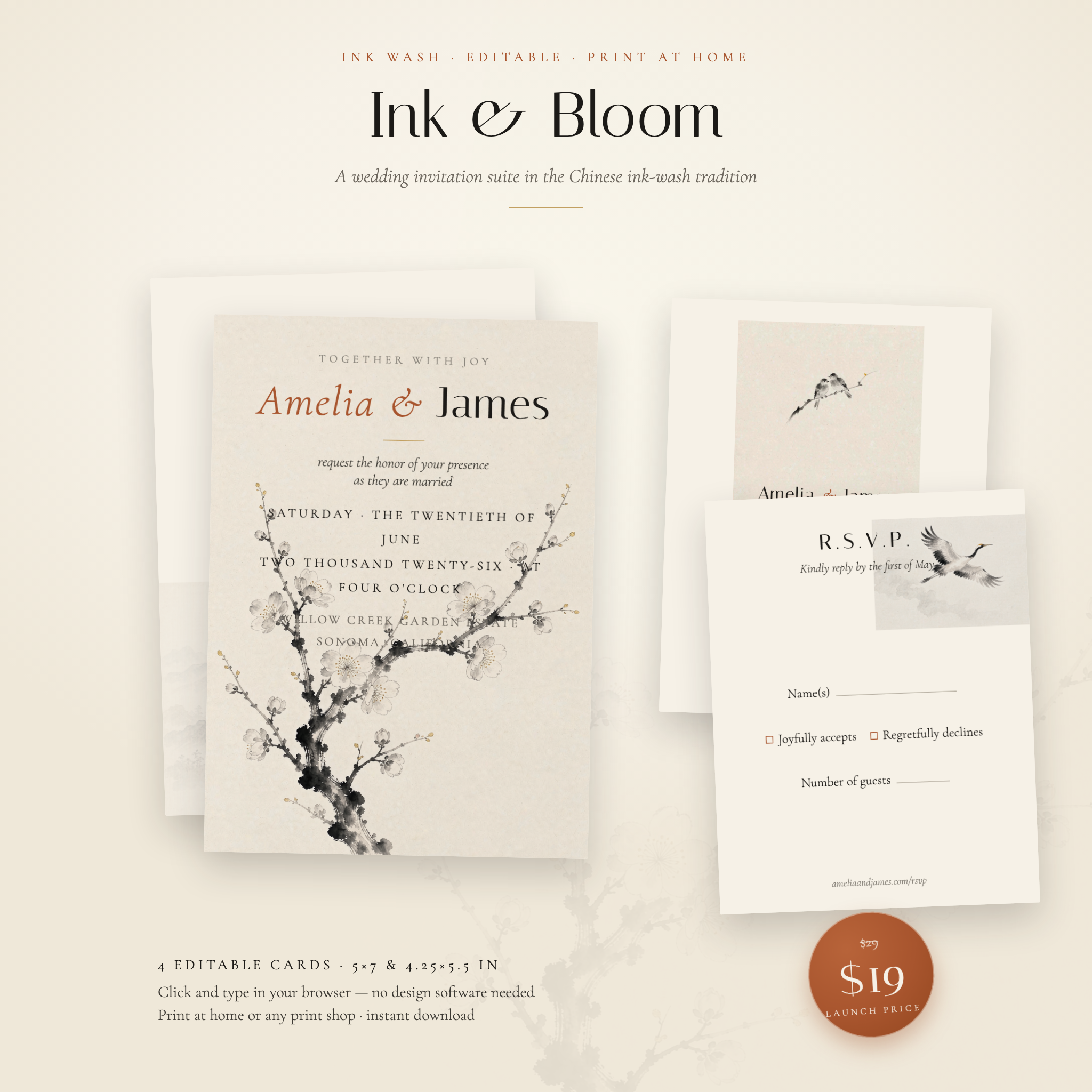 Ink & Bloom wedding invitation suite — four ink-wash cards with envelopes